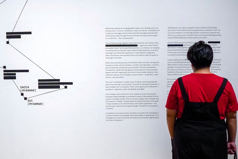 Artists names are redacted following what the Bangkok Arts and Cultural Center (BACC) said in an email was 'pressure from the Chinese Embassy', at the exhibition titled 'Constellation of Complicity: Visualising the Global Machinery of Authoritarian Solidarity' in Bangkok, Aug. 7, 2025.